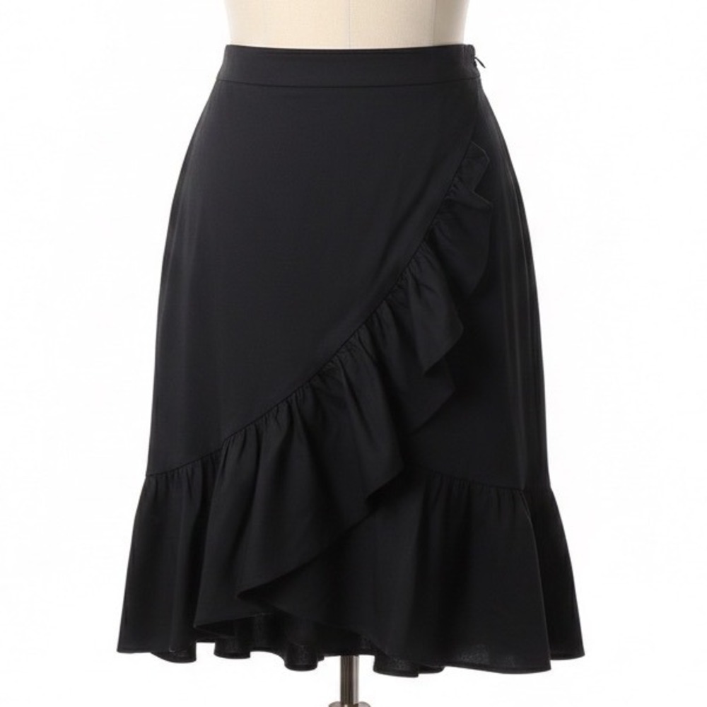 Isaac Mizrahi Live Skirt Women 12 Black Faux Wrap Ruffle Hem Feminine Minimalist